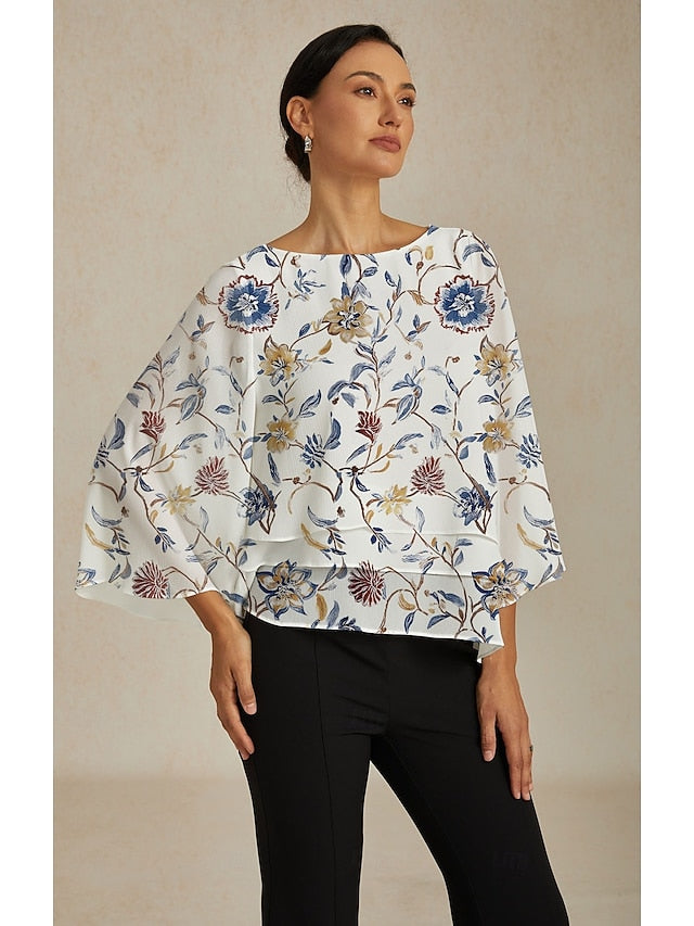 Women's Blouse Floral Print Layered Bell Sleeves Loose Fit
