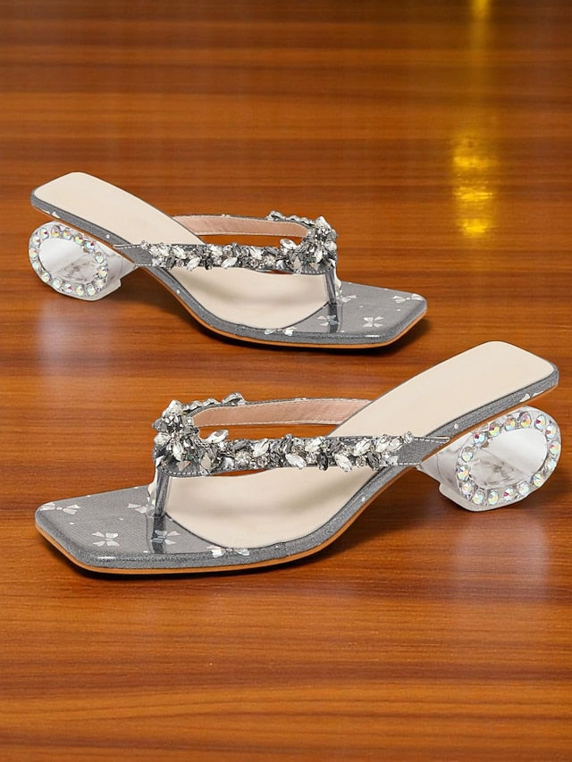 Women's Silver Open Heels Rhinestone Sparkly Toe - Sandals