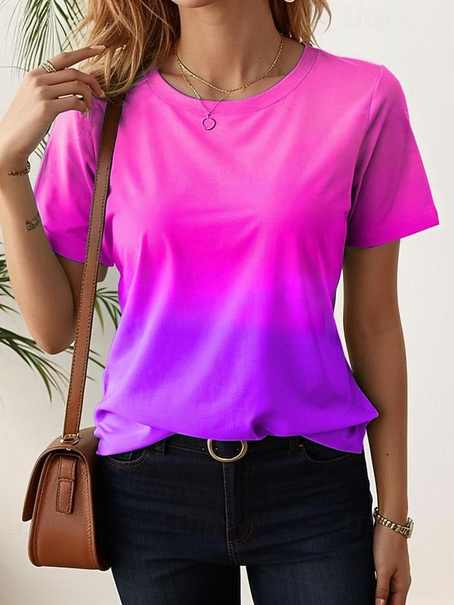 Women's T shirt Casual Ombre Round Neck Yellow Red Gradient