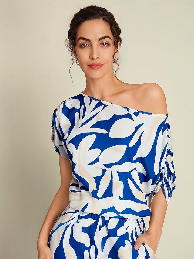Satin Mismatched Floral Slash Neck T-shirt Sleeve Two Piece Set