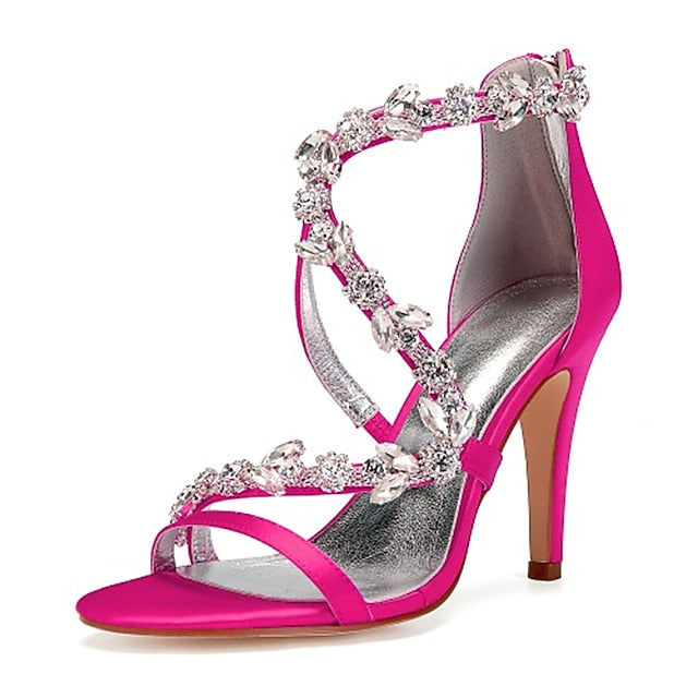 High Heel Women's Sandals with Satin Pink Floral Rhinestone