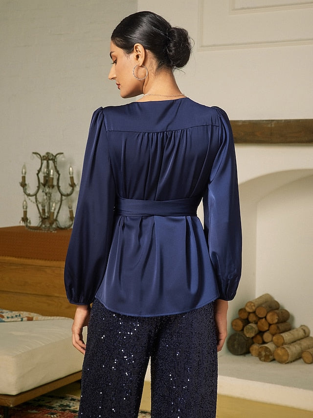 Satin Solid Casual Juliet Sleeve Tie Front Blouse