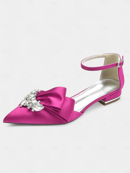 White Satin Rhinestone with and Ankle Pointed-Toe Bow Heels