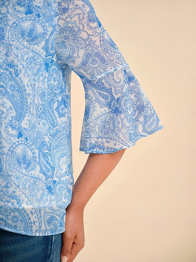 Women's Female Paisley Casual Sky Blue 3/4 Sleeve Elegant