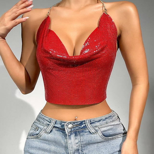 Metallic Chain Camisole Top Sparkle Crop Backless Body Tank