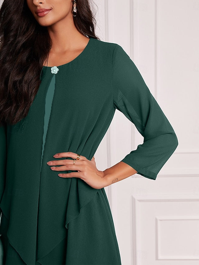 Women's Evening Dress Cape Sleeve Knee-Length Elegant Green