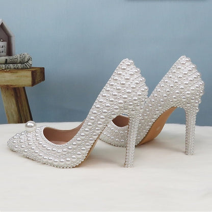 Pearl-Embellished Stiletto Purse Heels White and Round Set Pearl