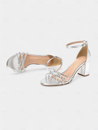Rhinestone Silver Metallic Block Heel Sandals with Strappy
