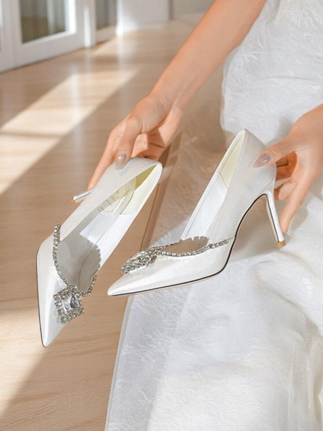 White Women's Heels Toe with Wedding Crystal Pointed Satin