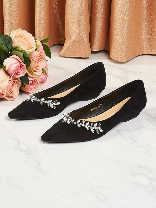 Rhinestone Women's Toe Pointed Flats Black with Suede