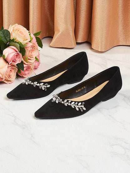 Rhinestone Women's Toe Pointed Flats Black with Suede