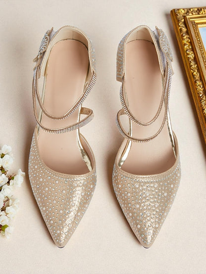 Toe Pointed Low Strap Women's Heel Ankle Rhinestone Glitter