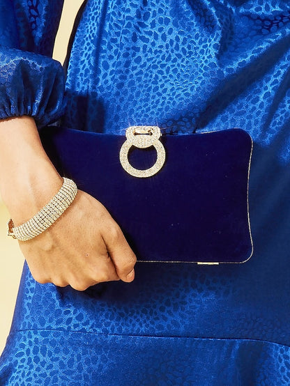 Elegant Bag Velvet with Clutch Rhinestone Ring Women's Blue