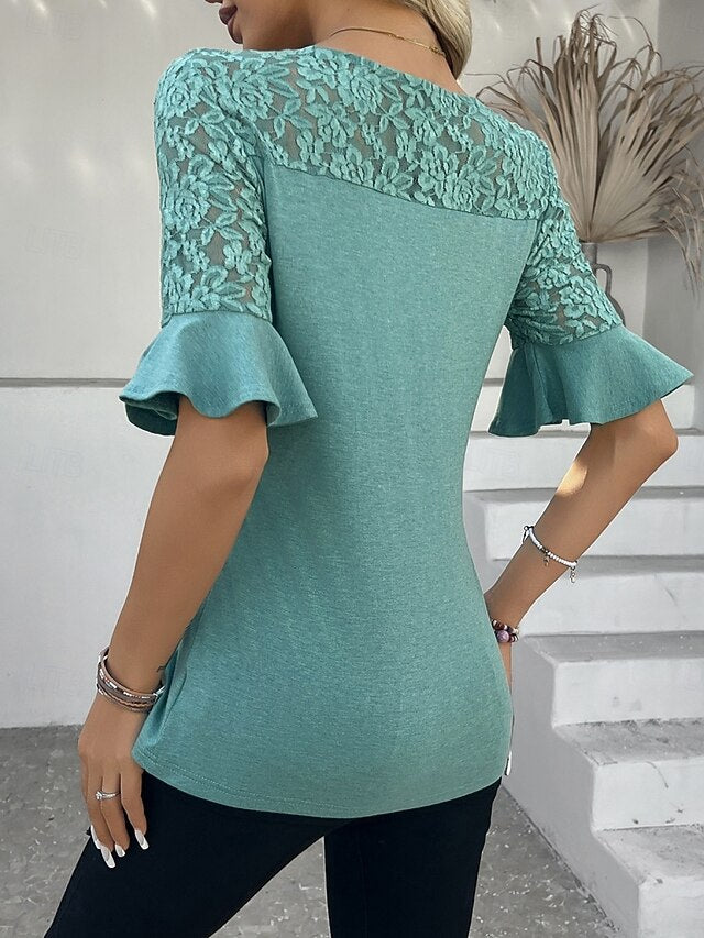 Women's Lace Shirt Lace Patchwork Solid Color Stylish