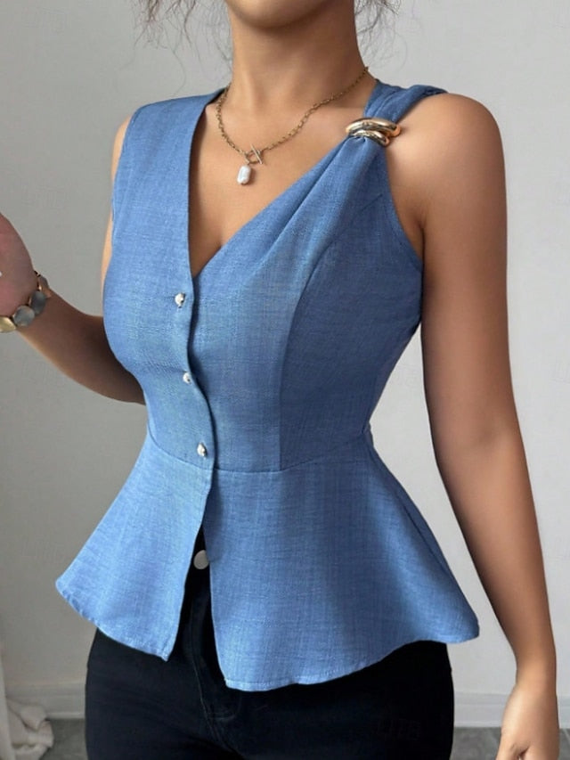 Women's Shirt Blouse Sleeveless Shirt Buttons Plain Stylish