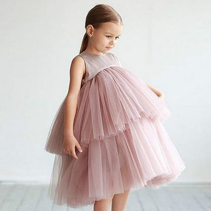 Wedding Mesh Girls' Sleeveless Dress Color Party Solid Kids