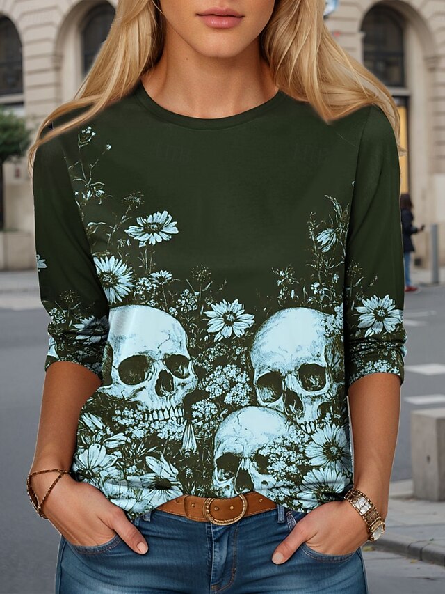 Women's T Shirt Skulls Crew Neck Long Sleeve Tunic Graphic