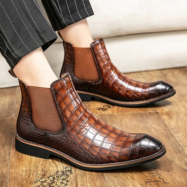 – Boots Slip-On Pattern Crocodile Men's Brown Chelsea