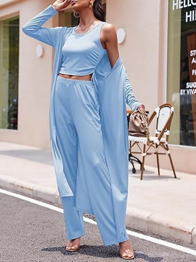 Women's Pants Sets Long Sleeve Round Neck Solid Color