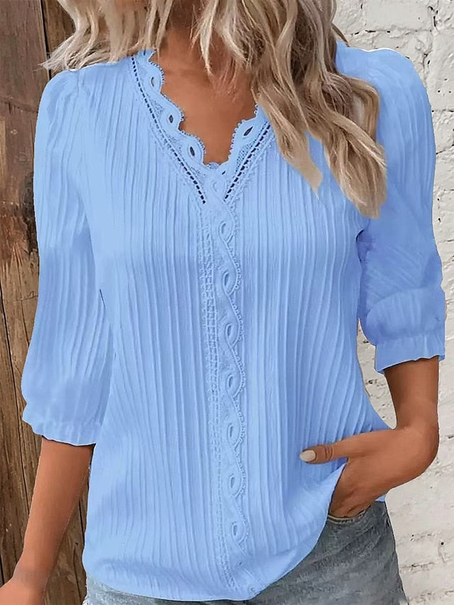 Women's Shirt Blouse Lace Tops Eyelet Plain Stylish Classic
