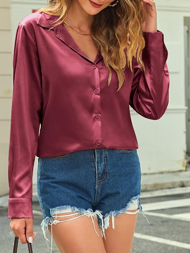 Women's Shirt Elegant Satin Top Blouse Buttons Plain