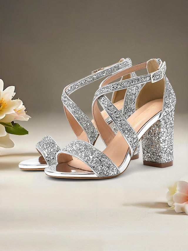 Gold Glitter Women's Heel Sandals Block