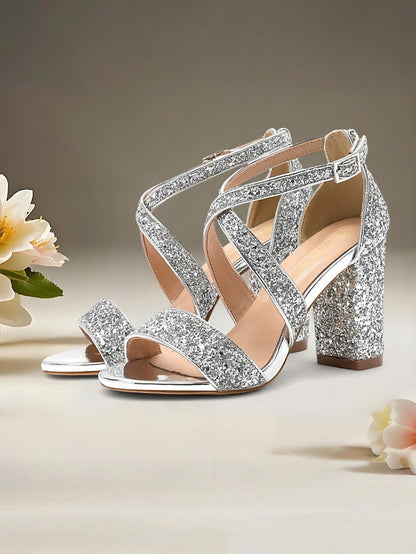 Gold Glitter Women's Heel Sandals Block