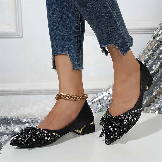 Bow Glitter with Flats - Women's Detail Rhinestone Elegant