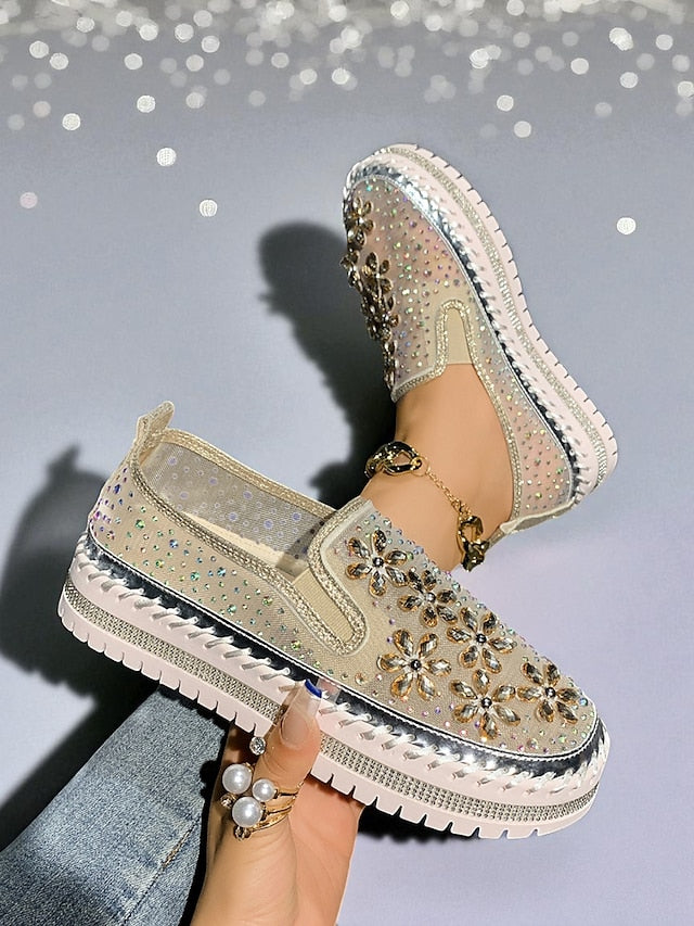 Embellished Sneakers Slip-On with Women's Mesh Rhinestone