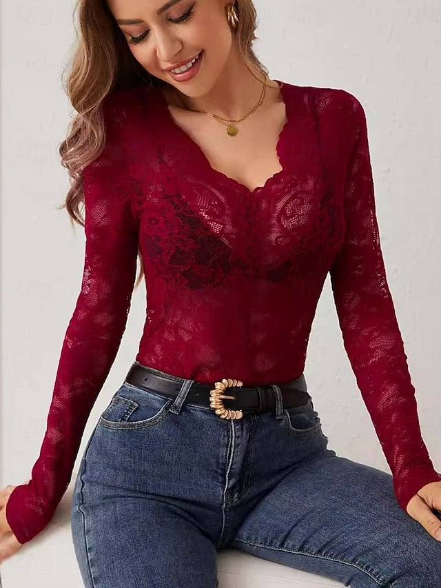 Women's Lace Splicing Top Lace Sexy Long Sleeve V Neck