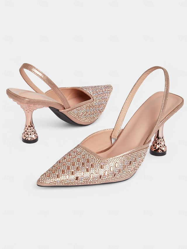 Slingback Heels with Gold Geometric Women's Rhinestone Rose