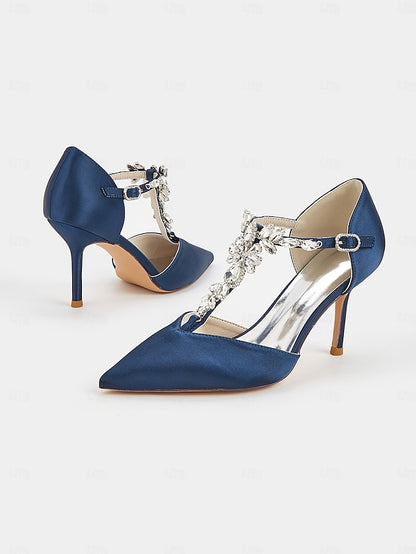 Blue Navy Women's Toe T-Strap Satin – Pointed Heels