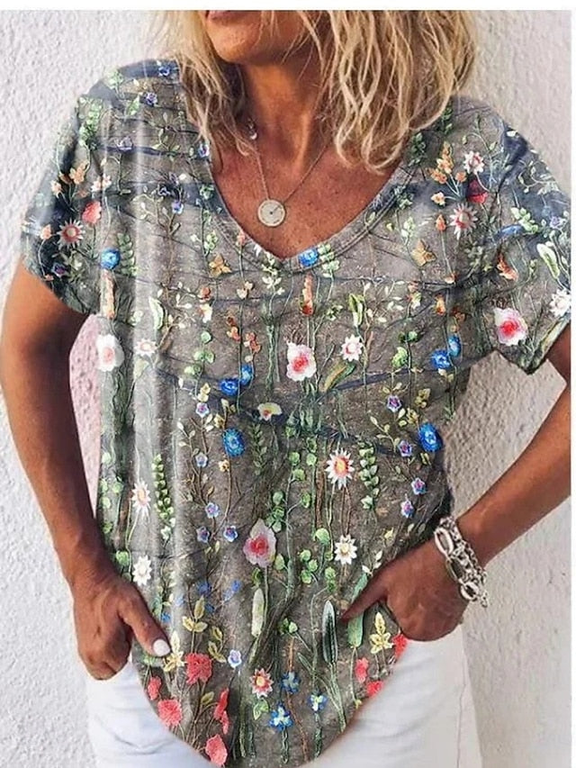 Women's T Shirt Print Floral Fashion Modern Long Sleeve V