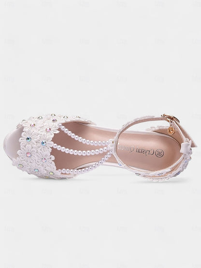 Bridal Lace Floral - Sandals Pearl-Decorated T-Strap White