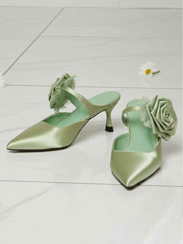 Heels with Toe Pointed Satin Floral Women's Ankle Green