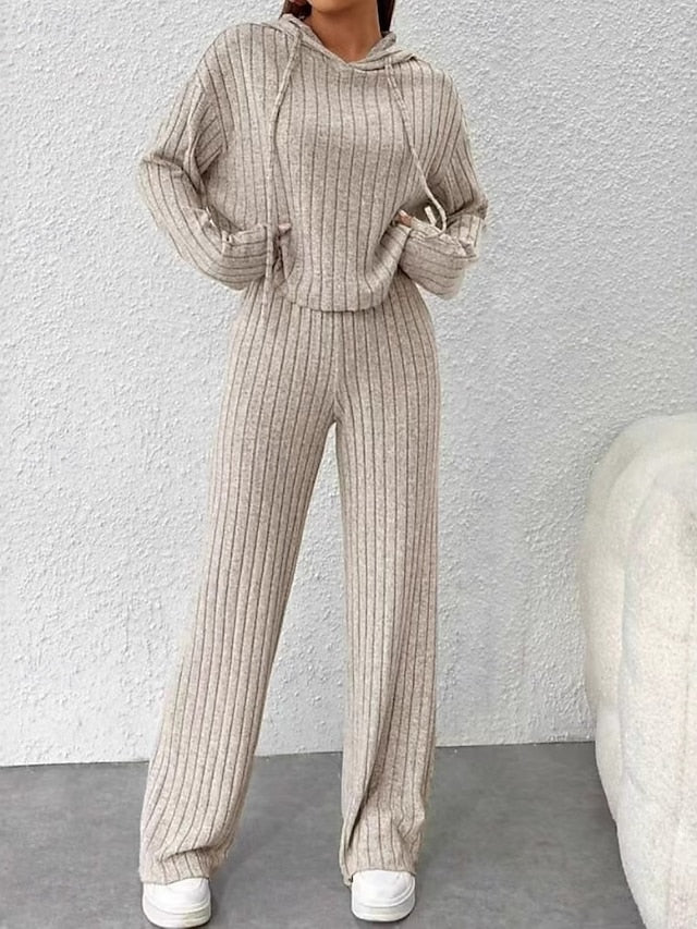 Women's Pants Sets Bolero Top Long Sleeve Hooded Solid