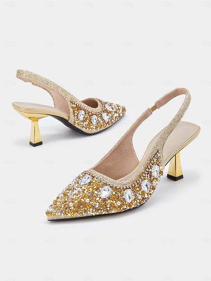 Women's Slingback Heels with Rhinestone Pearl Gold