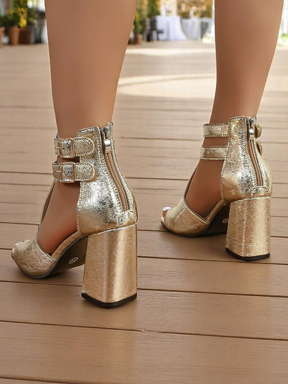 Double Shiny Heel Silver Sandals Block - Women's Party