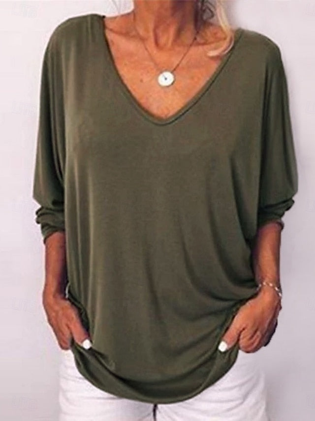 Women's T-Shirt  Solid Color Stylish Casual Long Sleeve V