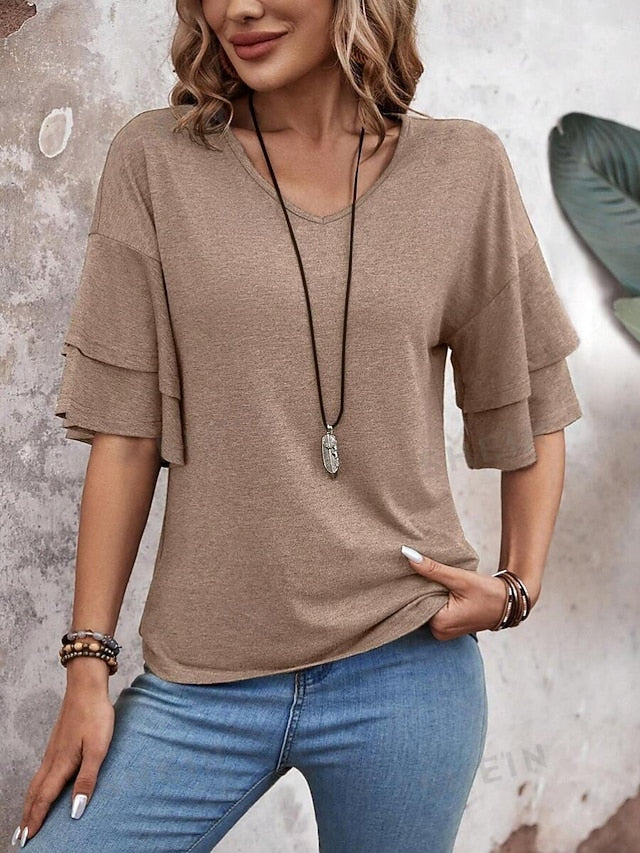 Women's T Shirt Tee Top Ruffle Plain Fashion Stylish