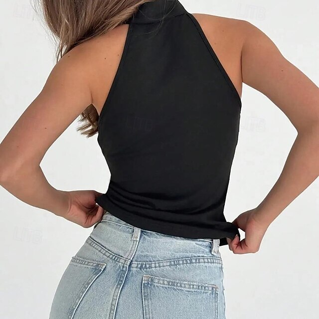 Women's T Shirt Eyelet Plain Classic Casual Sleeveless High