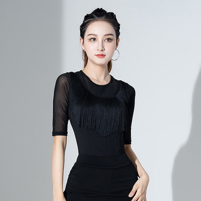 Latin Dance Ballroom Dance Activewear Top Fringed Tassel Ruching