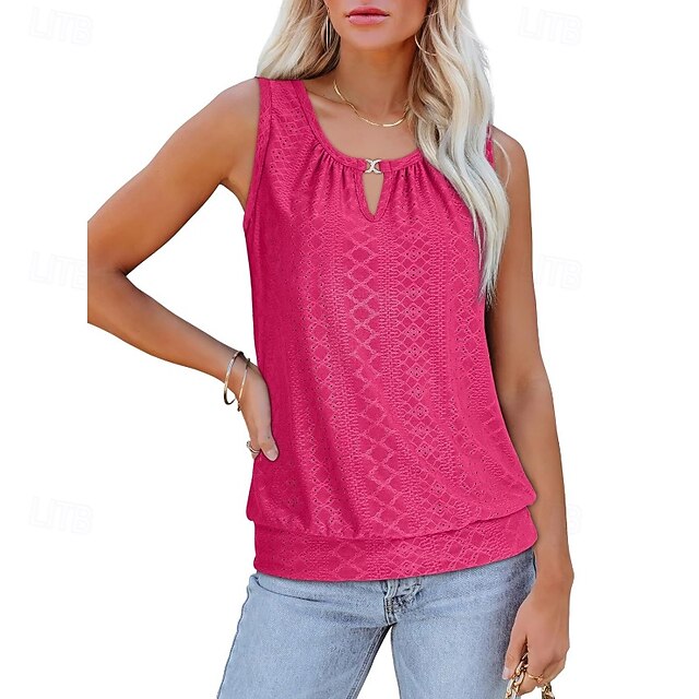 Women's T Shirt Eyelet Solid Color Casual Sleeveless Crew