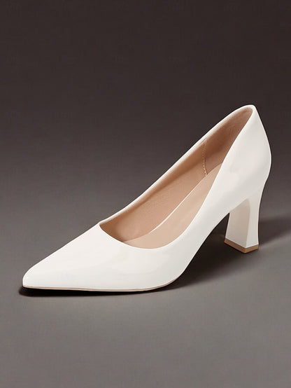 Green Leather Glossy Pumps Patent Heel Faux Block Pointed-Toe