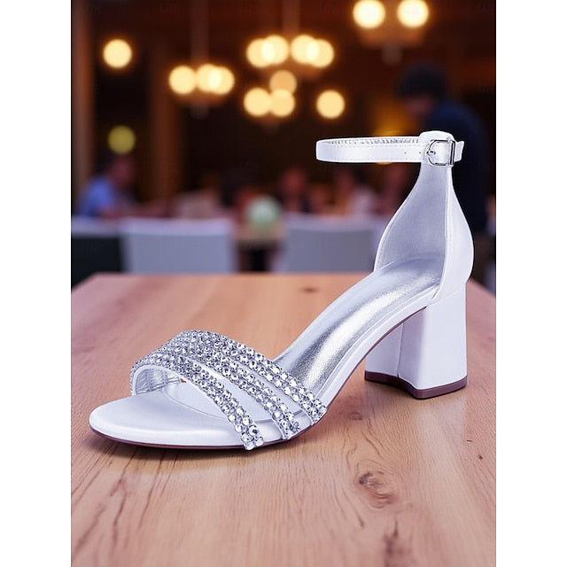 Block with Purple Rhinestone Sandals Satin Women's Heel