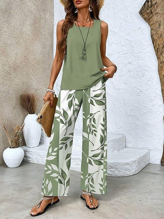 Women Pants Sets Sleeveless Square Neck Plant Print Daily Casual