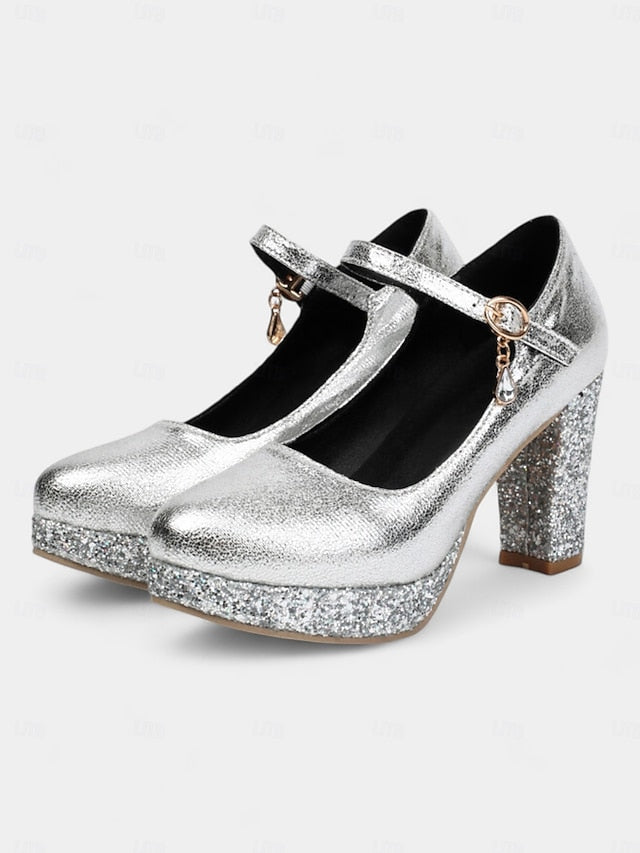 Pumps Glitter Heel Sparkly Jane Mary Block – Women's Gold