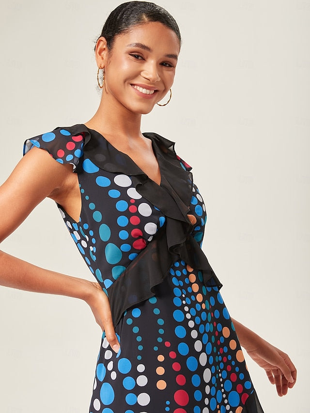 Colorblock Polka Dot Chiffon Ruffle Maxi Dress