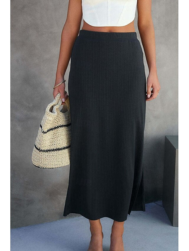 Women's Casual Midi Mid Rise Skirts Plain Split Ends