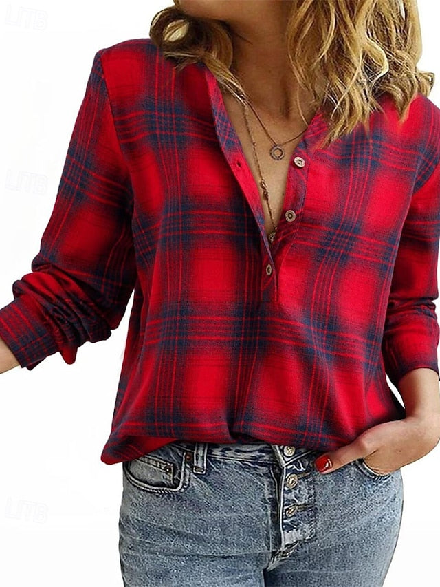 Women's Blouse Dressy Tops Buttons Plaid Plain Elegant